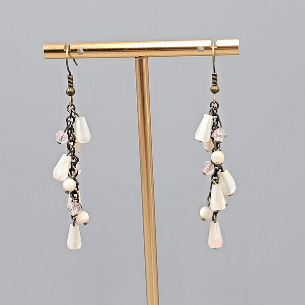 Mother of Pearl Beads Pierced Earrings Bronze tone Dangle 2 in