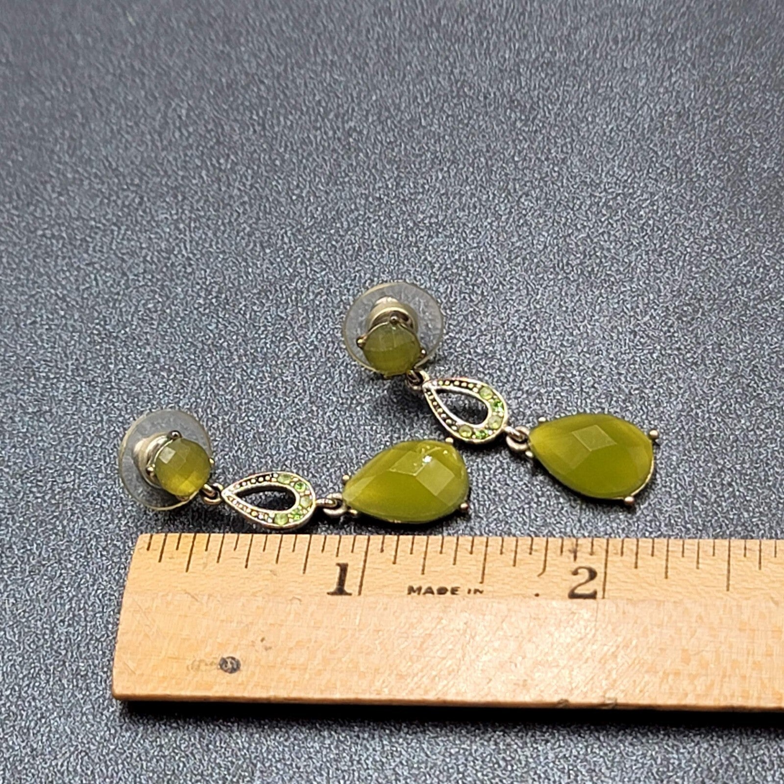 LC Pierced Earrings Silver tone Green Accents Rhinestone Dangle 1 3/8"
