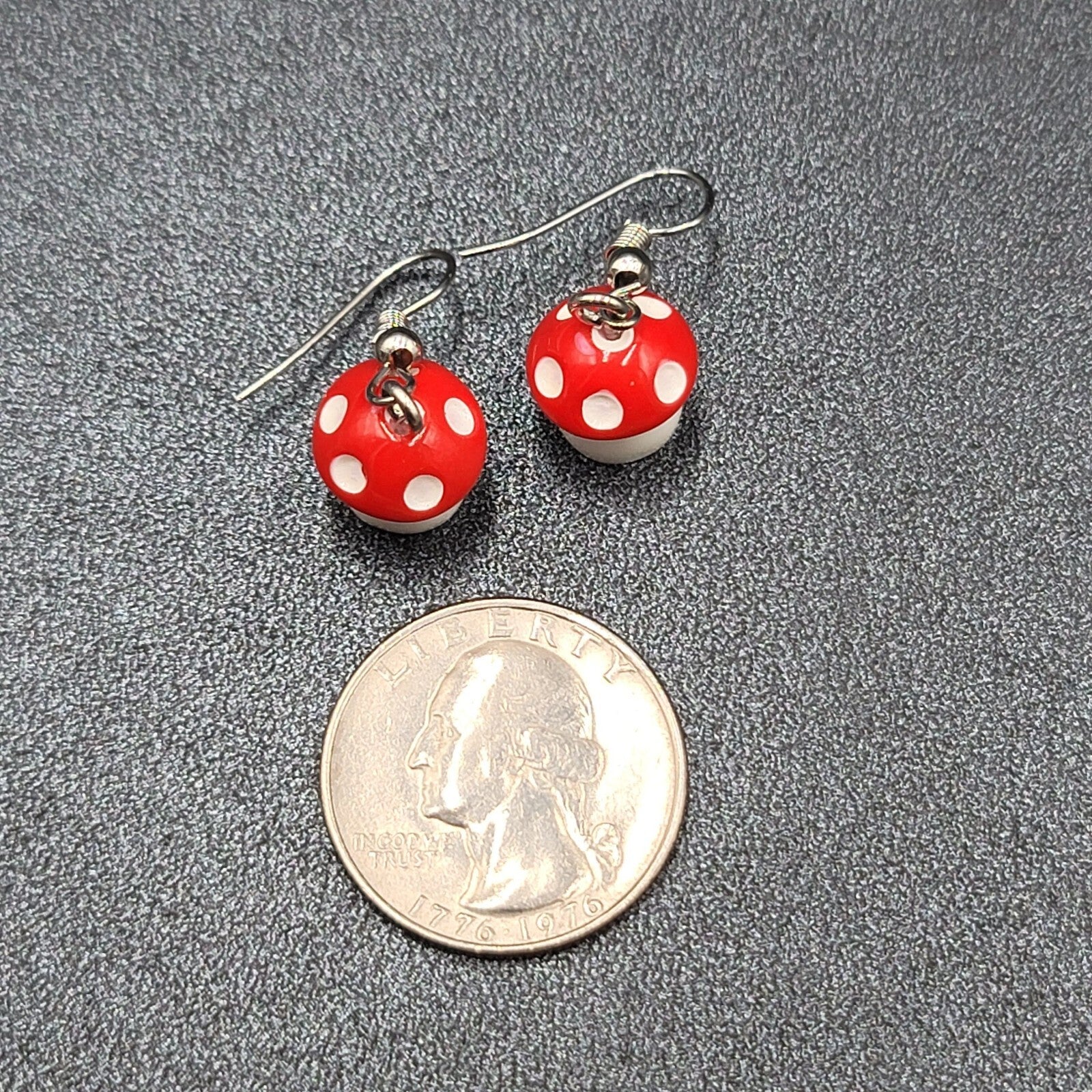 Pierced Earrings Red White Polka Dot Mushroom Dangle Cute 1/2"