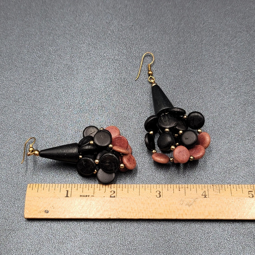 Vtg Pierced Earrings Black and Brown Wood Cluster Beads Statement Dangle  2.5"
