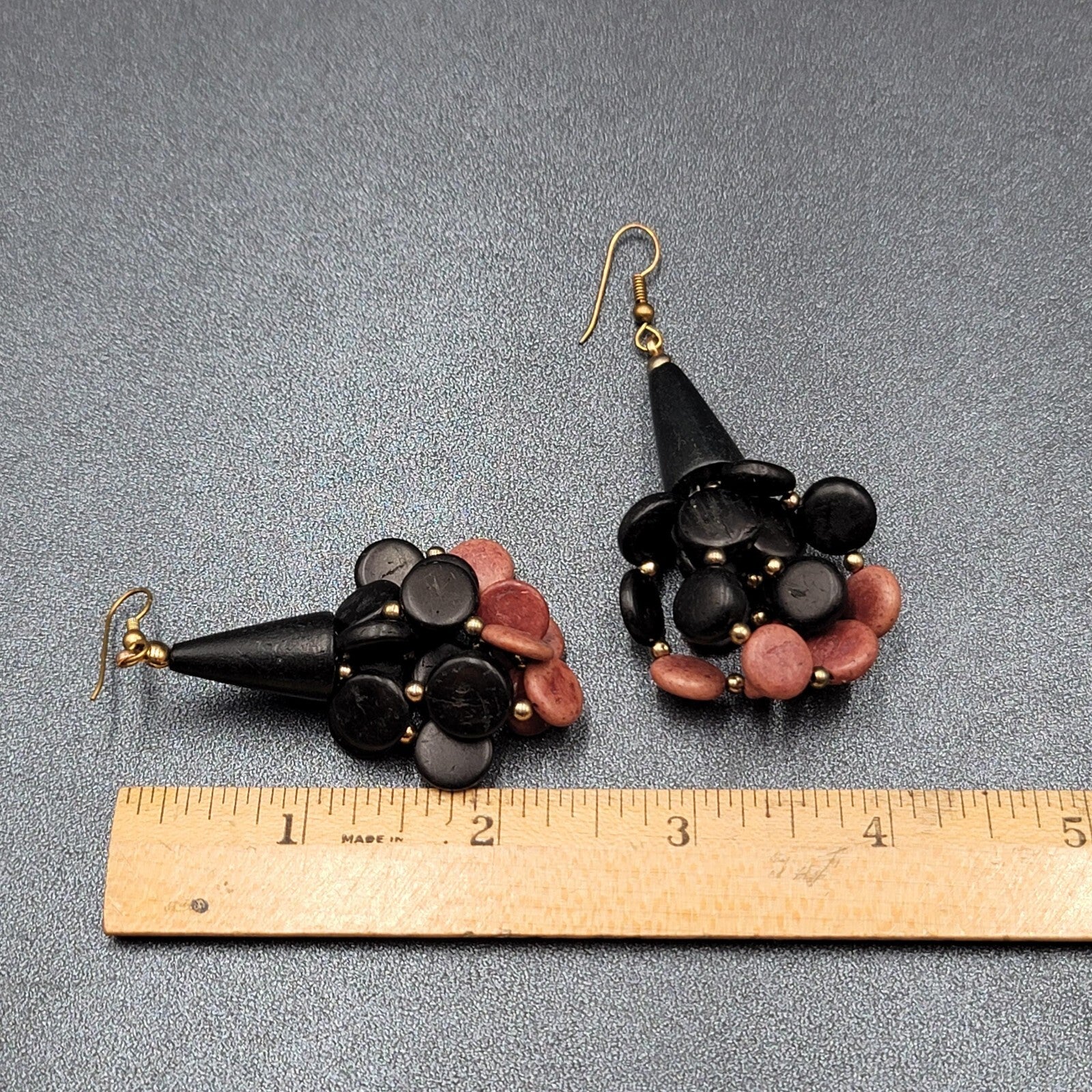 Vtg Pierced Earrings Black and Brown Wood Cluster Beads Statement Dangle  2.5"