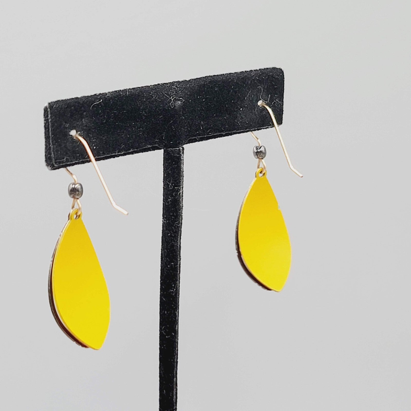 Butterfly Metal Wing Style Pierced Earrings Yellow Enamel Goldtone Dangle 1 1/8"