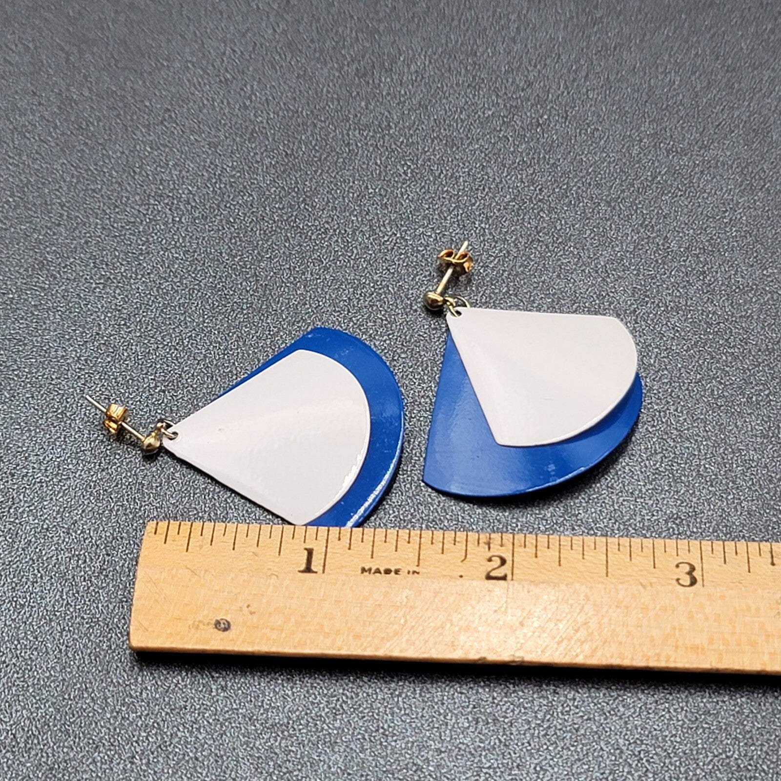 Vintage Pierced Earrings Blue White Enamel Triangle Dangle 1.5"