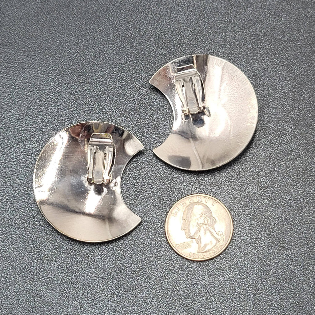 Vintage Clip on Earrings Silver tone Large Statement Enamel Glitter 1.75"