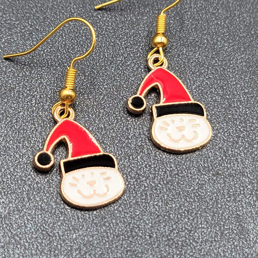 Christmas Kitty Cat Red Cap Pierced Earrings Gold tone Enamel Dangle 7/8"