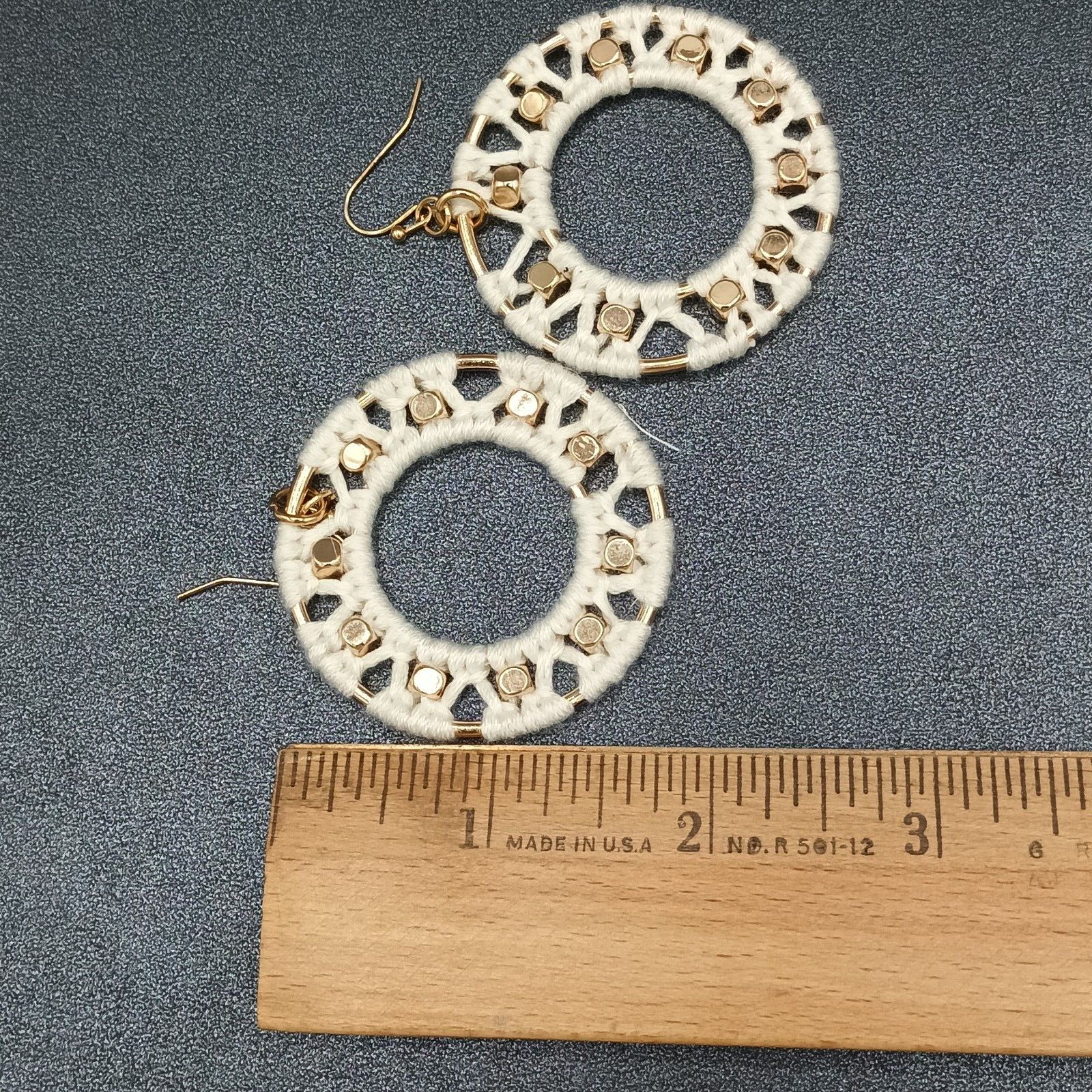 Pierced Earrings Gold tone Dangle Hoops White String Accents  Boho 2"
