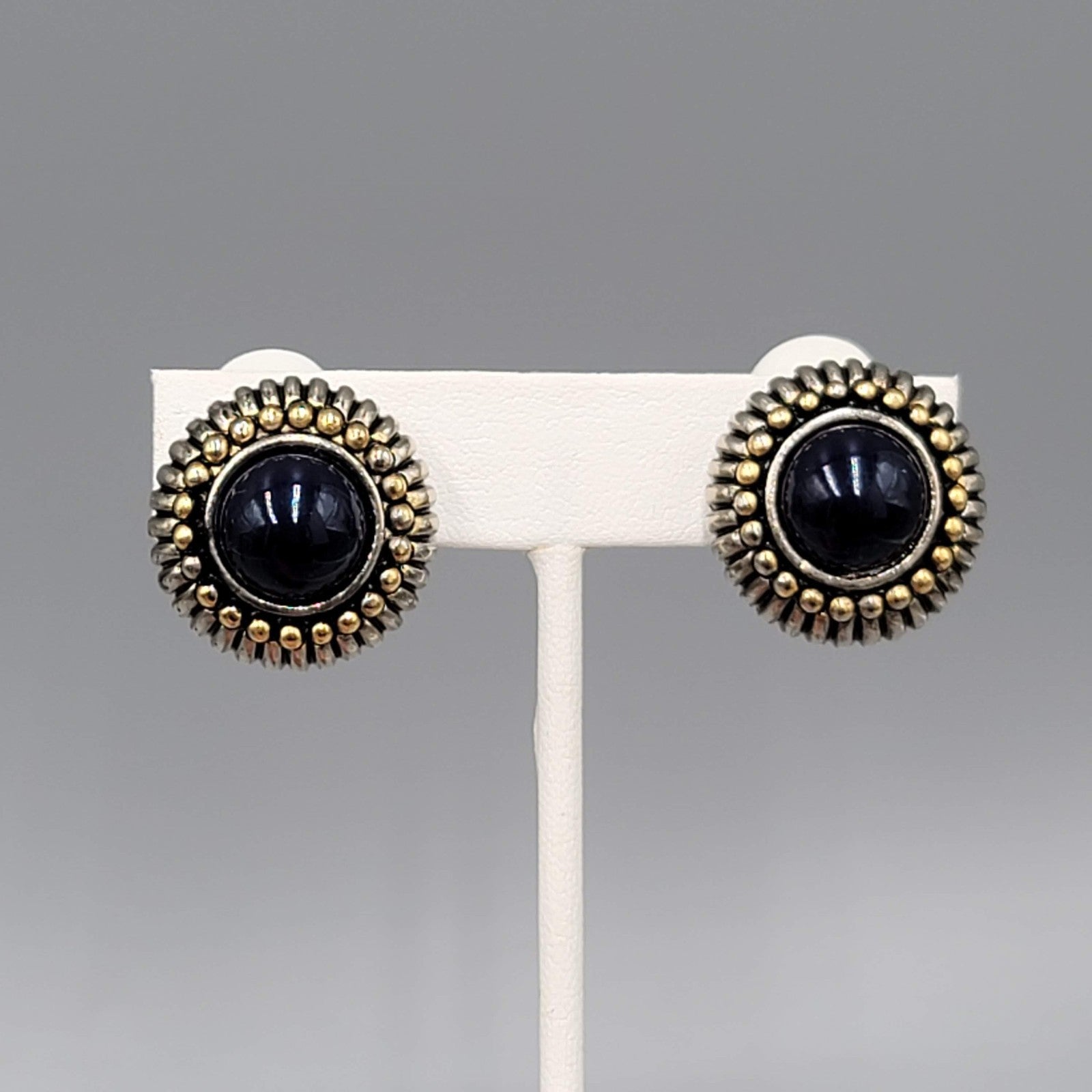 Vintage Navy Blue Cabochon Clip on Earrings Silver & Gold Plated 7/8 in