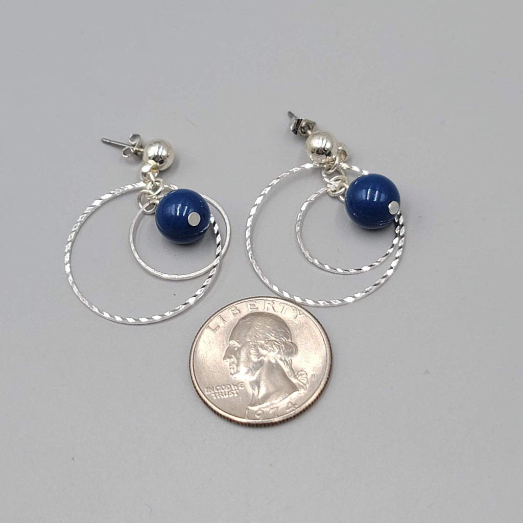 Dangle Circles Pierced Earrings Silver tone Blue Bead 1.25"