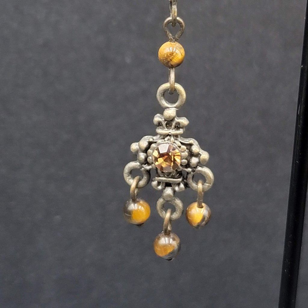 Pierced Earrings Bronze tone Tigers Eye Bead Orange Rhinestone Dangle 1.25"