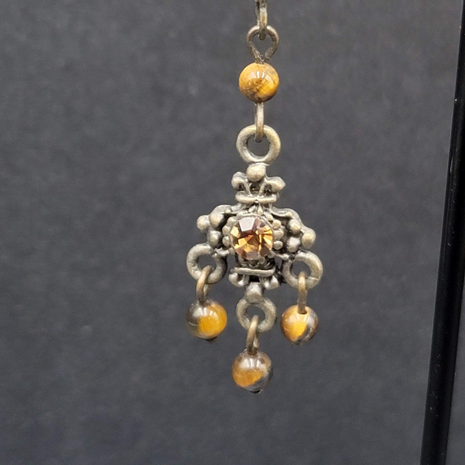 Pierced Earrings Bronze tone Tigers Eye Bead Orange Rhinestone Dangle 1.25"