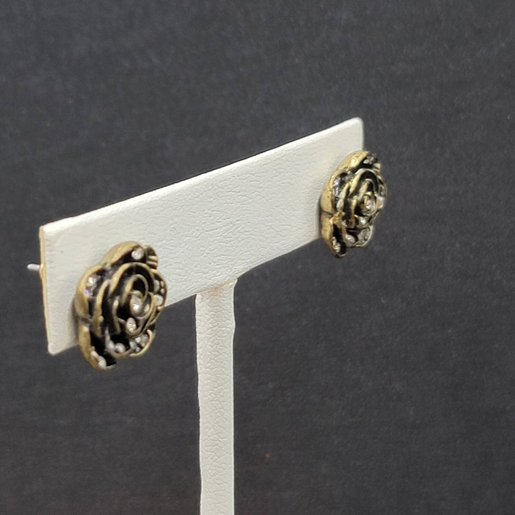 Pierced Earrings Antiqued Gold tone AB Crystal Flower Rose Studs 1/2"