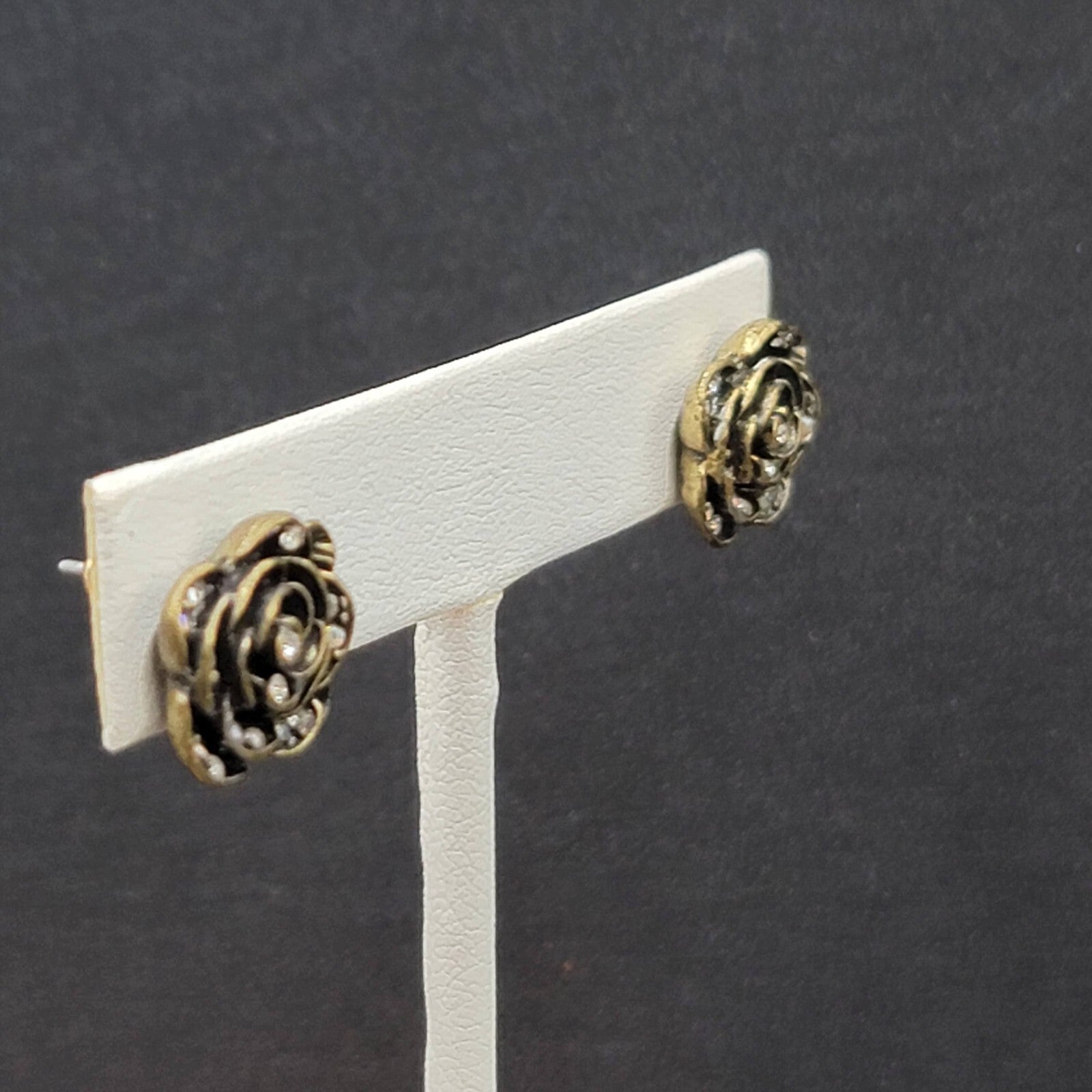 Pierced Earrings Antiqued Gold tone AB Crystal Flower Rose Studs 1/2"