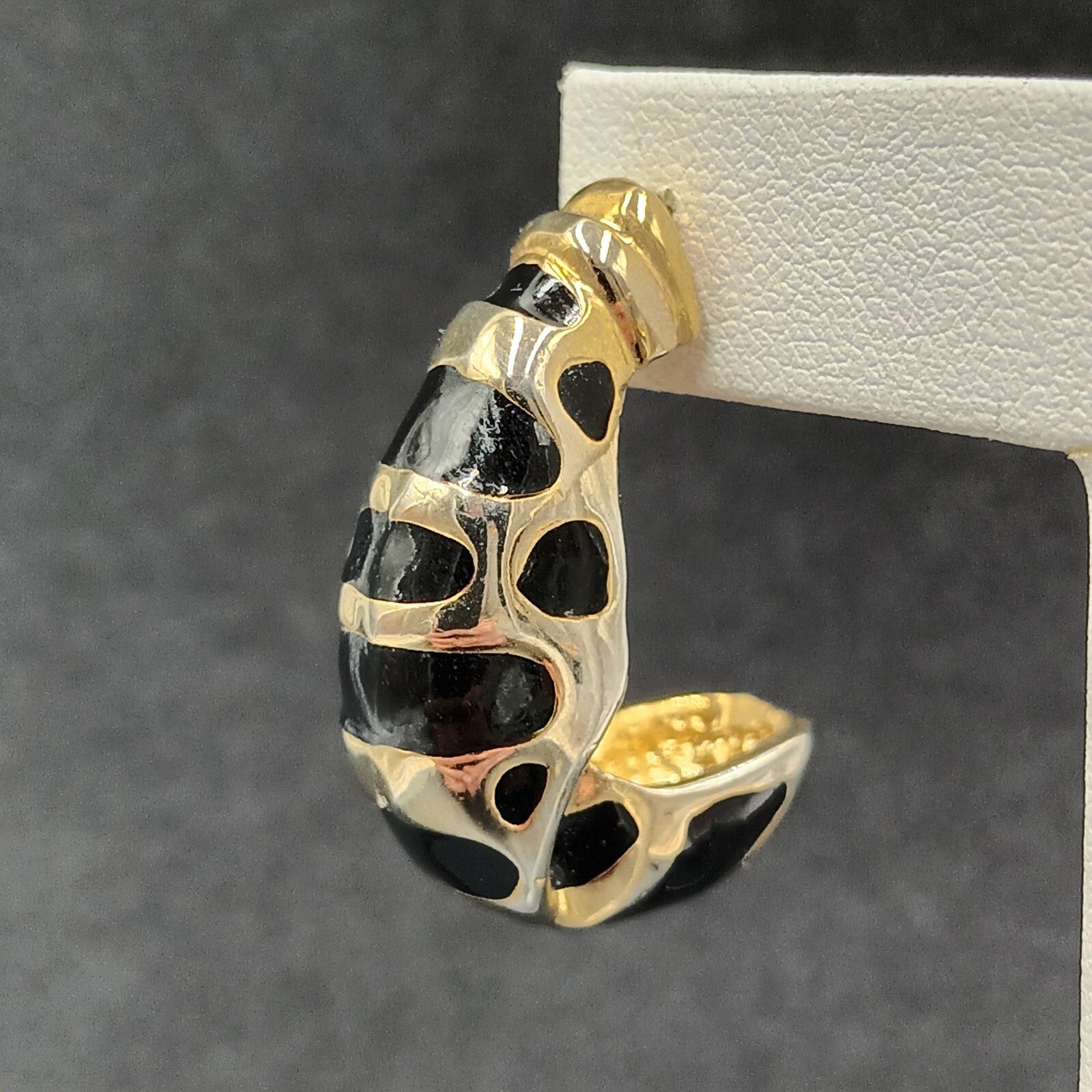 Pierced Earrings Gold tone Black Enamel Oblong Half Hoop Heavy Drop 1 1/4"