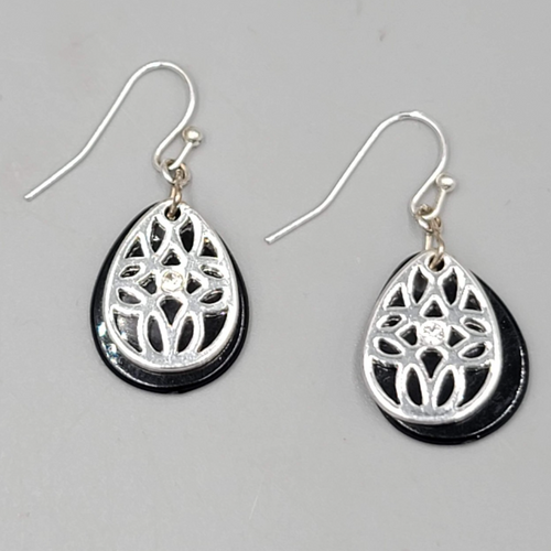Black Teardrop Over Filigree Pierced Earrings Silver tone Dangle   3/4"