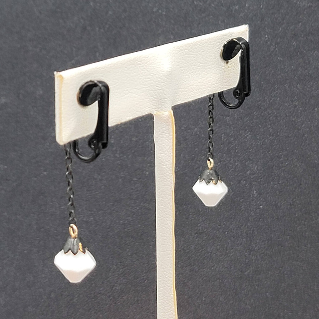 Vintage Clip on Earrings Black Enamel Metal Dangle Chain White Bead 1 5/8"