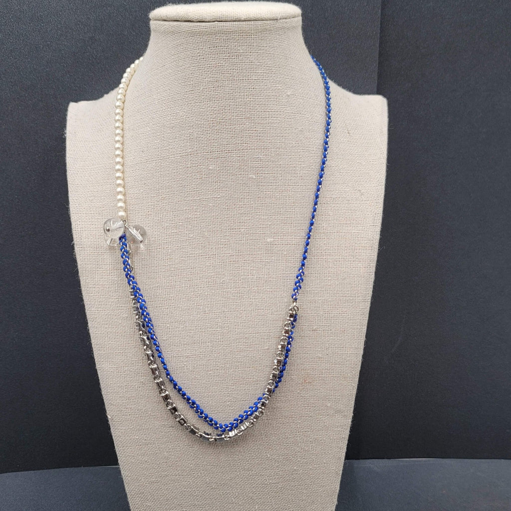 Ann Taylor Necklace Silver tone Chain Rhinestone Imitation Pearls Royal Blue 22"