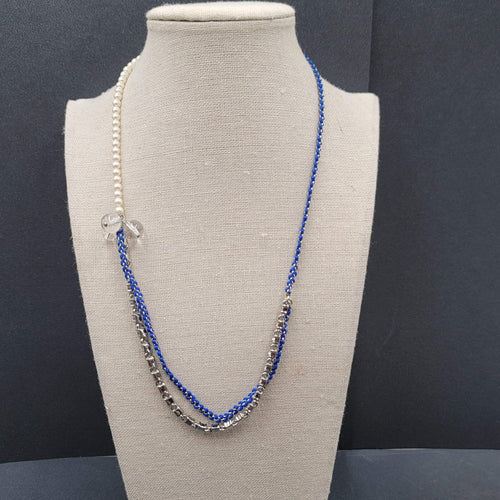 Ann Taylor Necklace Silver tone Chain Rhinestone Imitation Pearls Royal Blue 22"