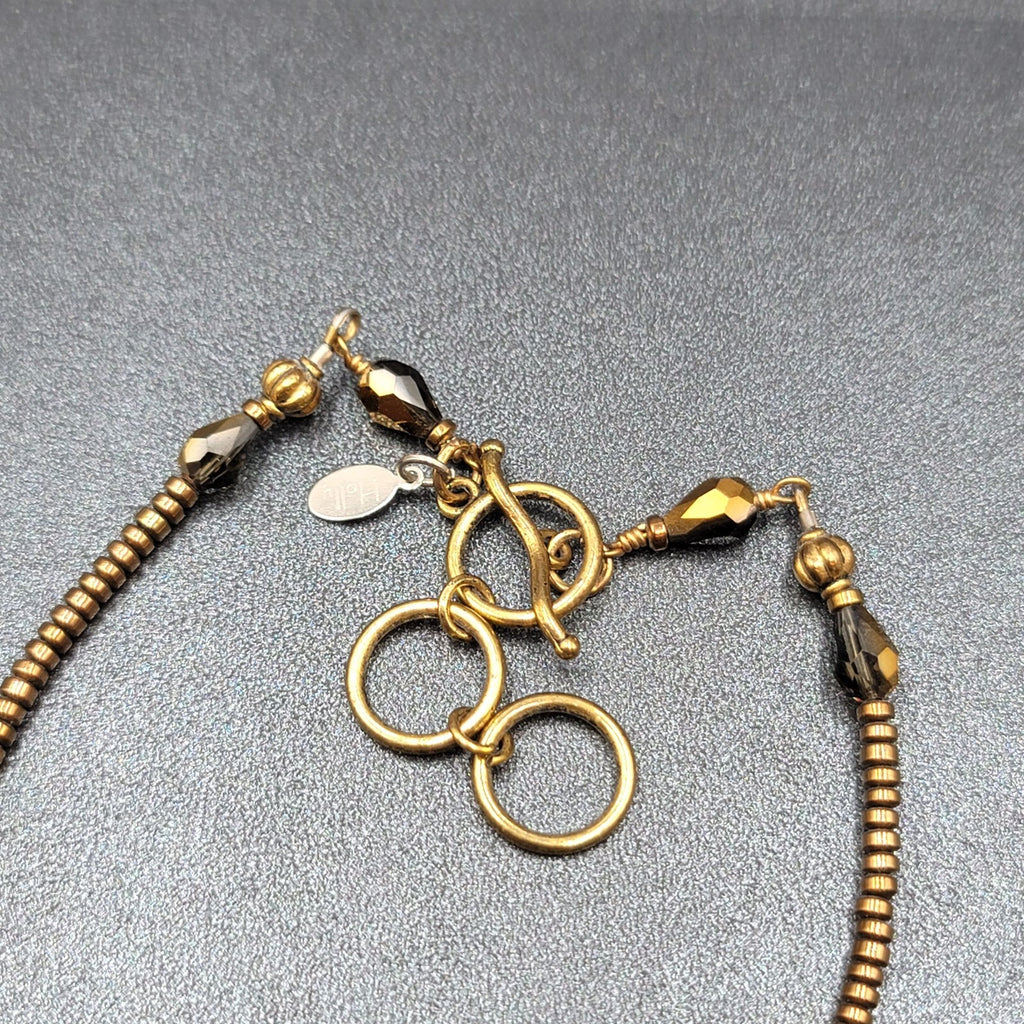 Signed Holly Necklace Gold tone Seed Bead White Stone Pendant Tassels 16"-18"