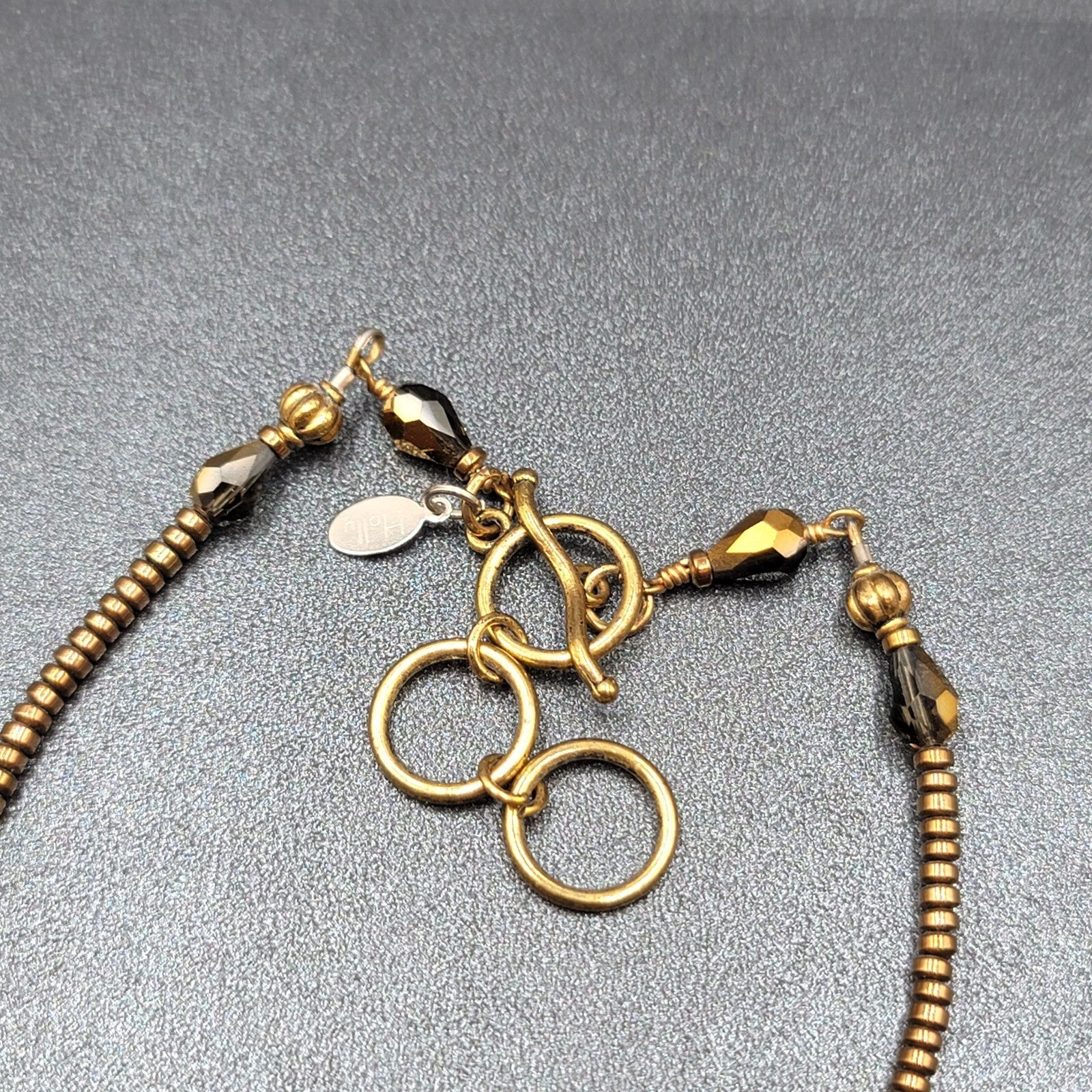 Signed Holly Necklace Gold tone Seed Bead White Stone Pendant Tassels 16"-18"
