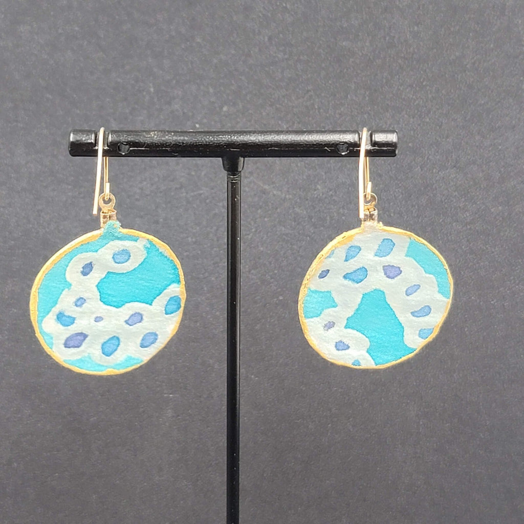 Pierced Earrings Hand Painted Silk Dangle Gold tone 1 3/8"