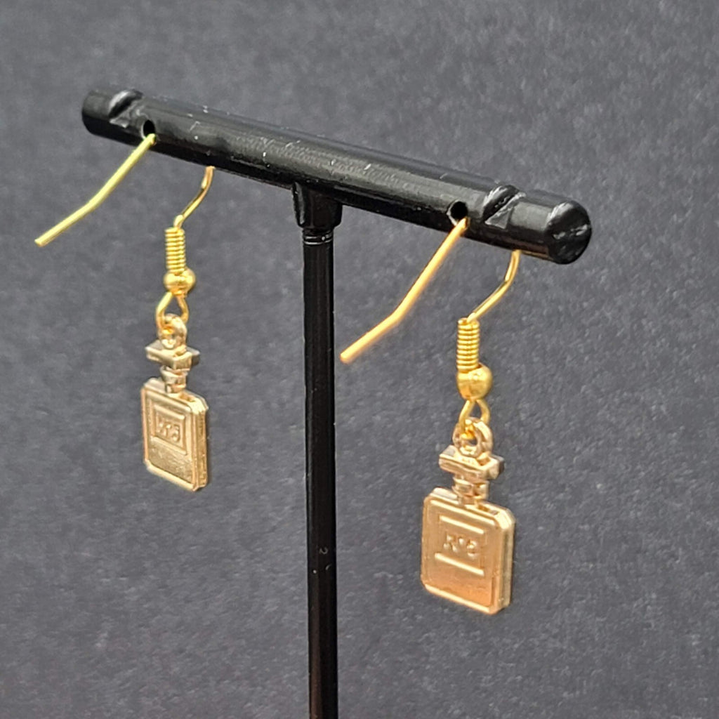 No 5 Perfume Pierced Earrings Gold tone Black Enamel Dangle 5/8"