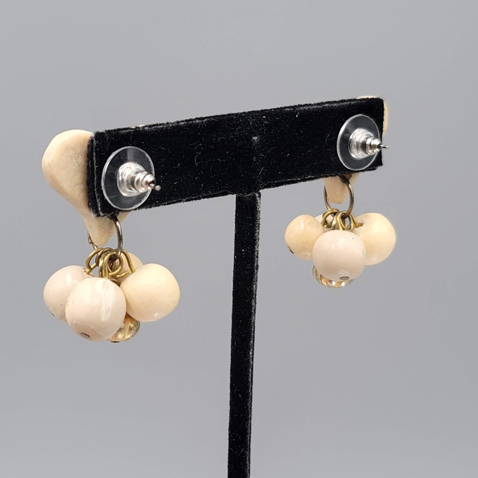 Vintage Heart Bead Pierced Earrings White Stone Dangle 1.5 in