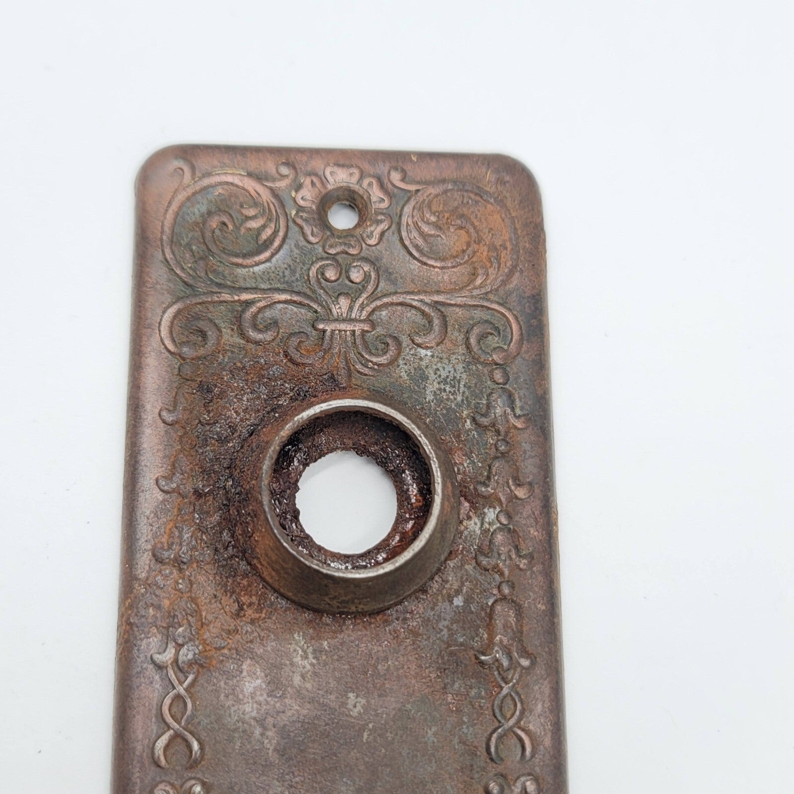 Vintage Ornate Steel Doorknob Back Plate 6" x 2" holes 2.5"