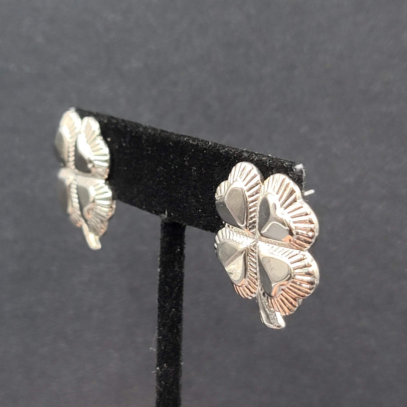 Vintage Pierced Earrings Shiny Silver tone 4 Leaf Shamrocks 1"