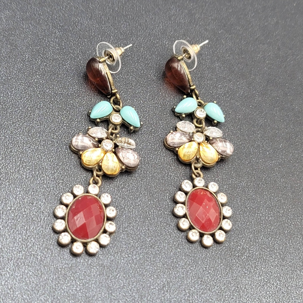 Pierced Earrings Bronze tone Multi Color Accents Rhinestone 2.75"