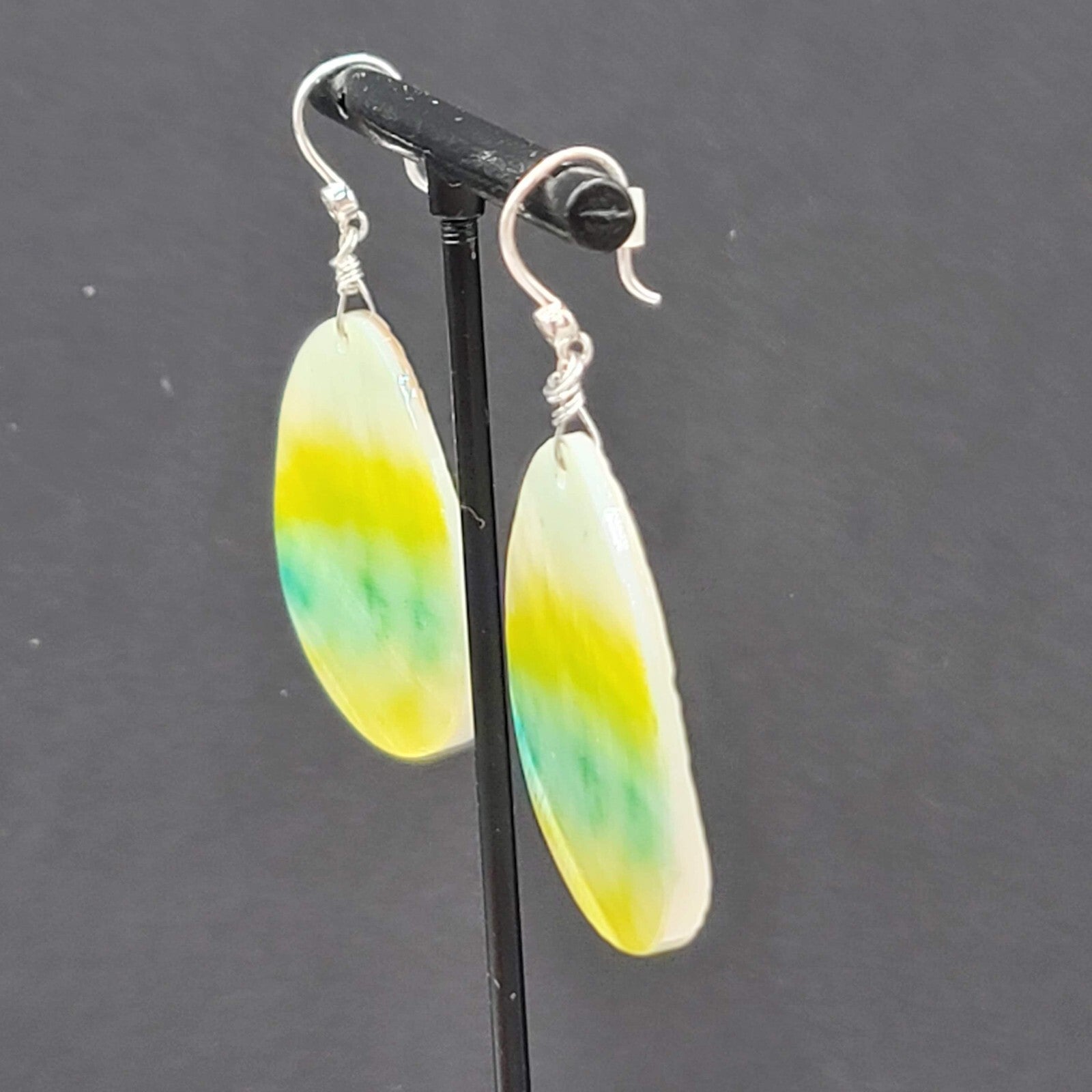 Shell Pierced Earrings Mother of Pearl Yellow Green Teardrop Dangle 1 5/8"