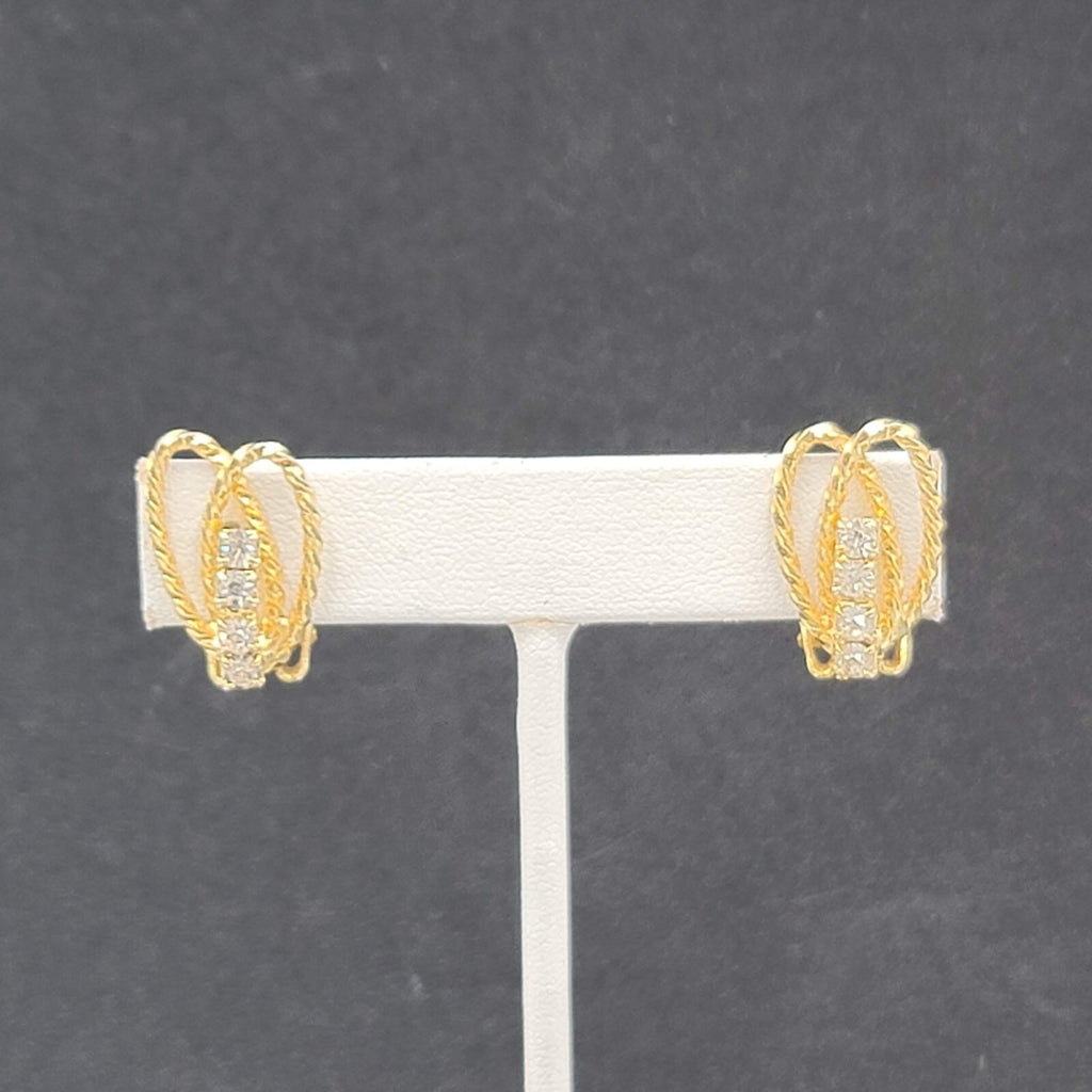 Vintage Clip on Earrings Textured Gold tone Rhinestone Drop 3/4"