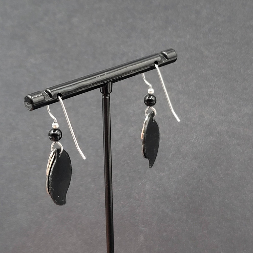 Pierced Earrings Silver tone Black Bead Layered Metal Dangle  3/4"