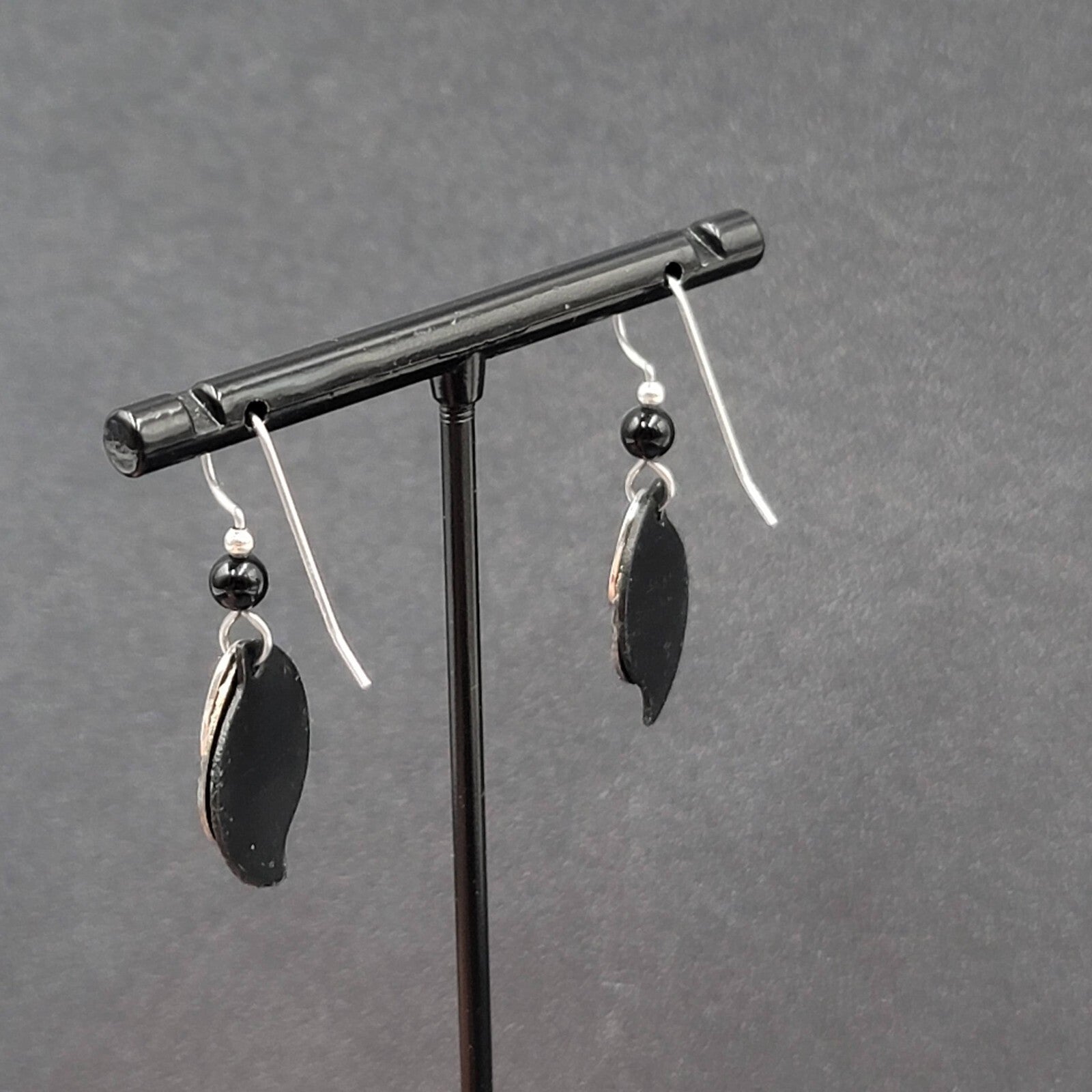 Pierced Earrings Silver tone Black Bead Layered Metal Dangle  3/4"