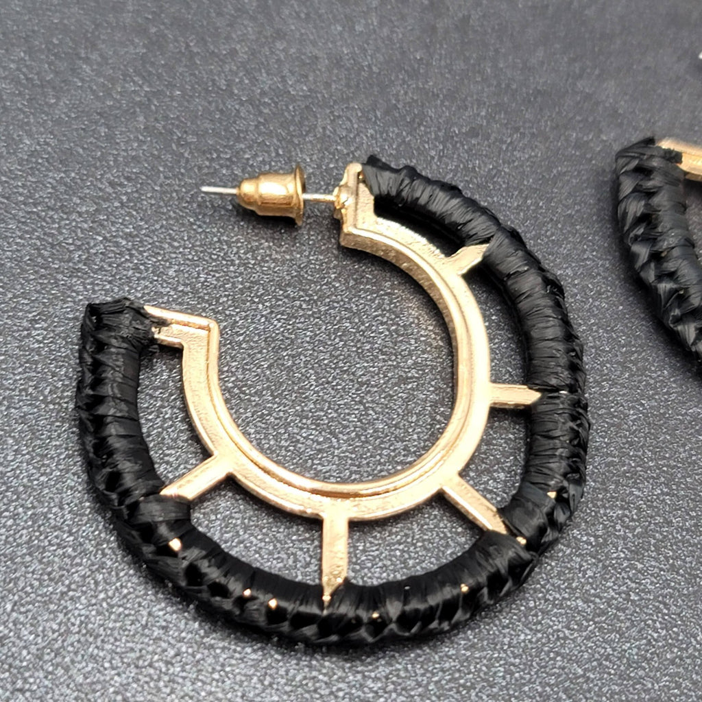 Pierced Earrings Gold tone Black String Wrapped Drop Hoops 1 5/8"