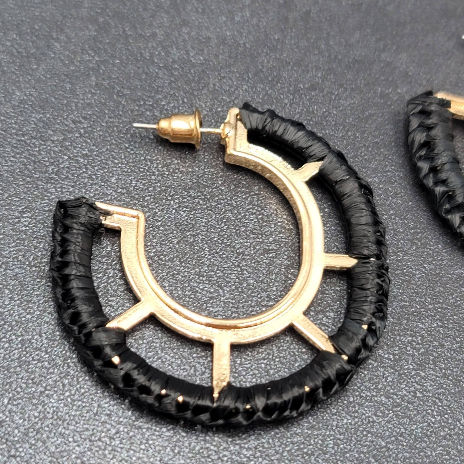 Pierced Earrings Gold tone Black String Wrapped Drop Hoops 1 5/8"