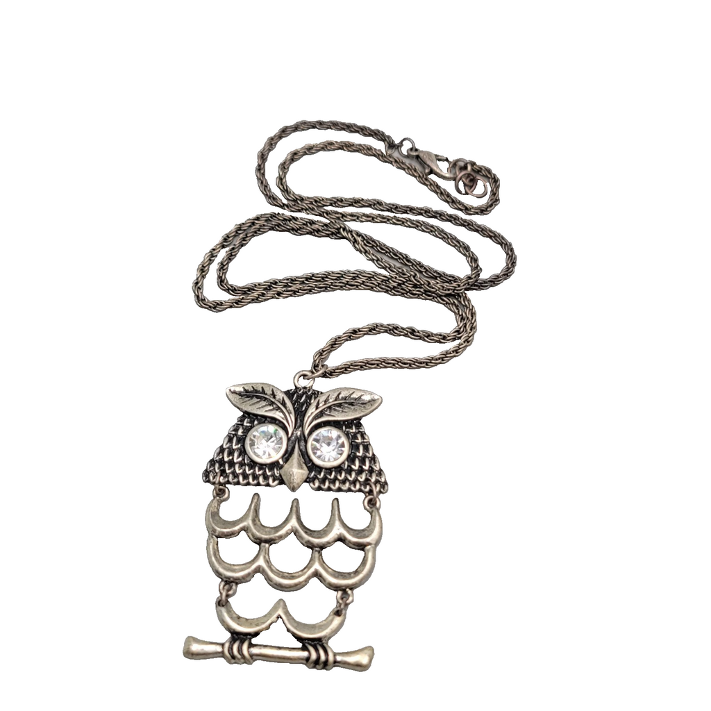 Articulated Owl Statement Long Necklace Silver tone Dangle 28"