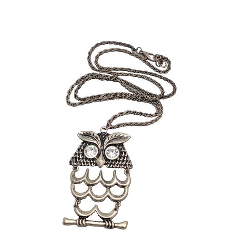 Articulated Owl Statement Long Necklace Silver tone Dangle 28"