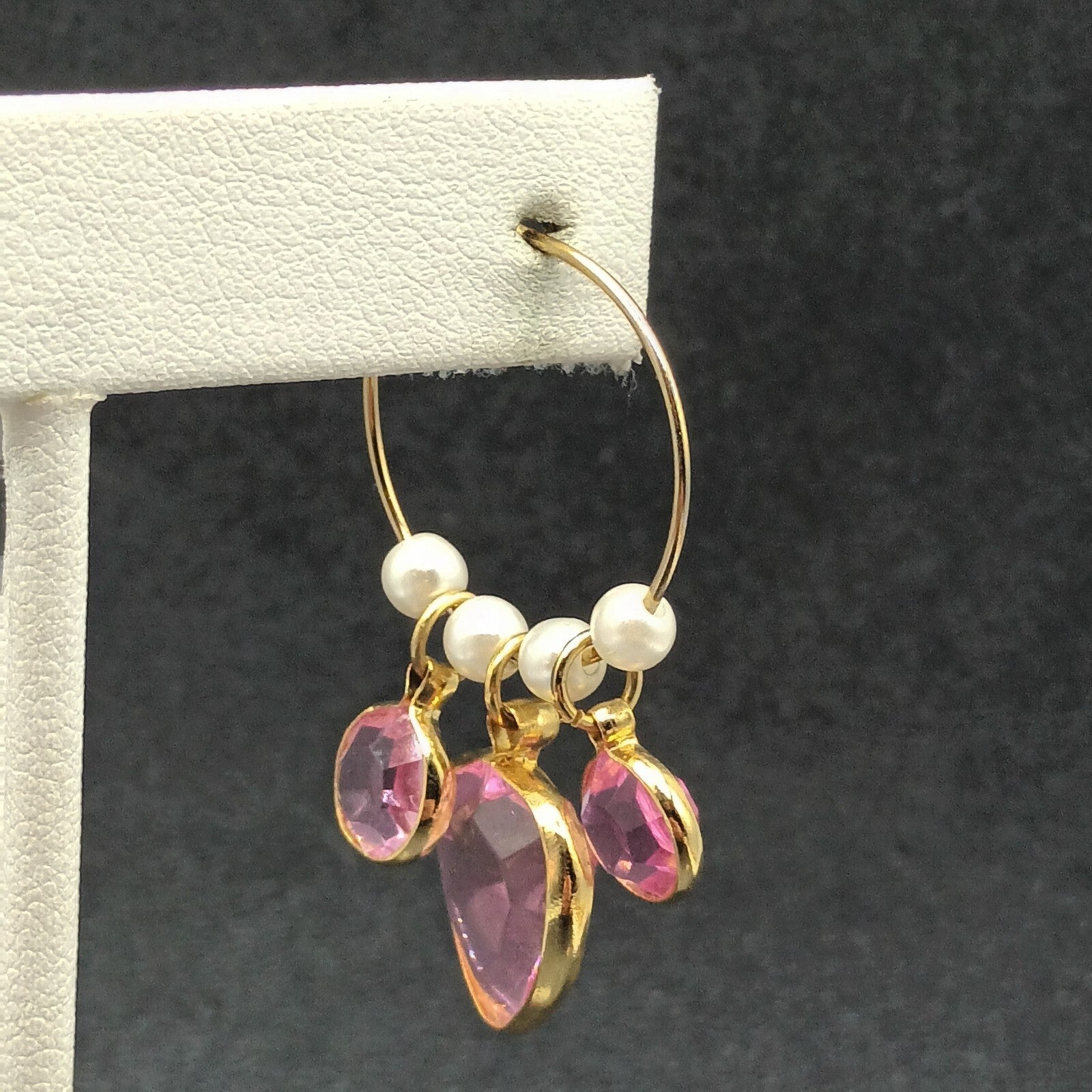 Pierced Earrings Gold tone Wire Faux Pearl Pink Faceted Acrylic Hoop 1 1/2"