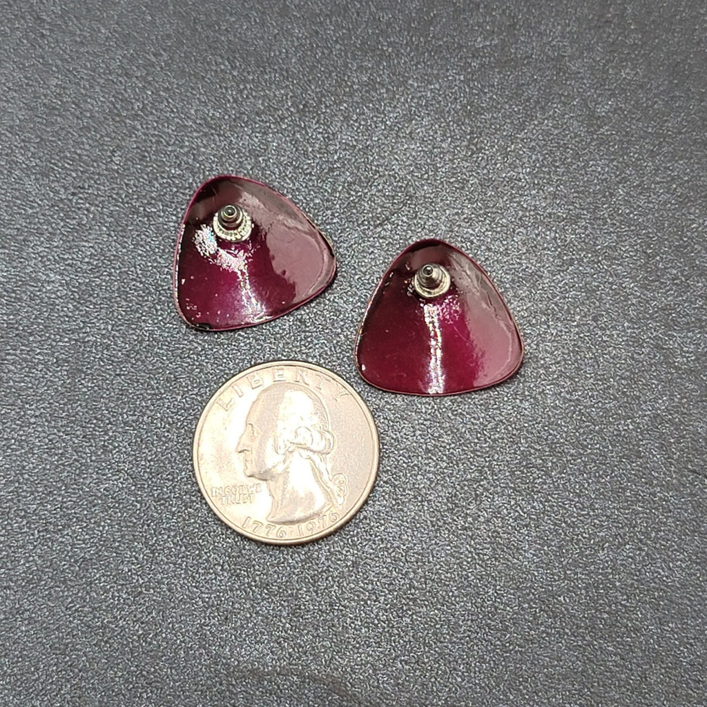 Vintage Pierced Earrings Burgundy Red Black Enamel over Metal Triangle Drop 3/4"
