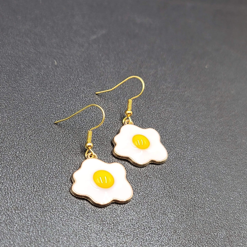 Pierced Earrings Enamel over Metal Gold tone Fried Egg 7/8"