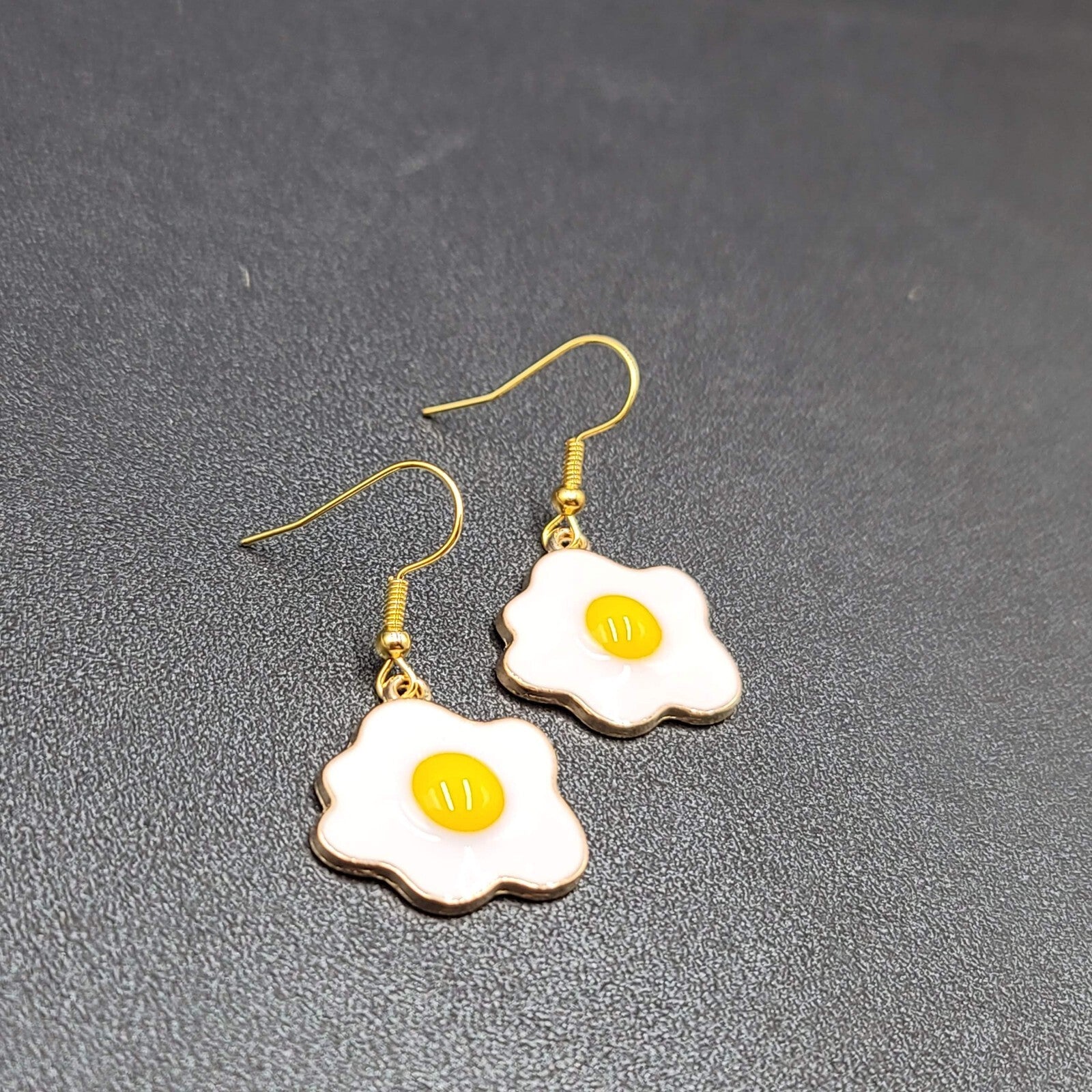 Pierced Earrings Enamel over Metal Gold tone Fried Egg 7/8"