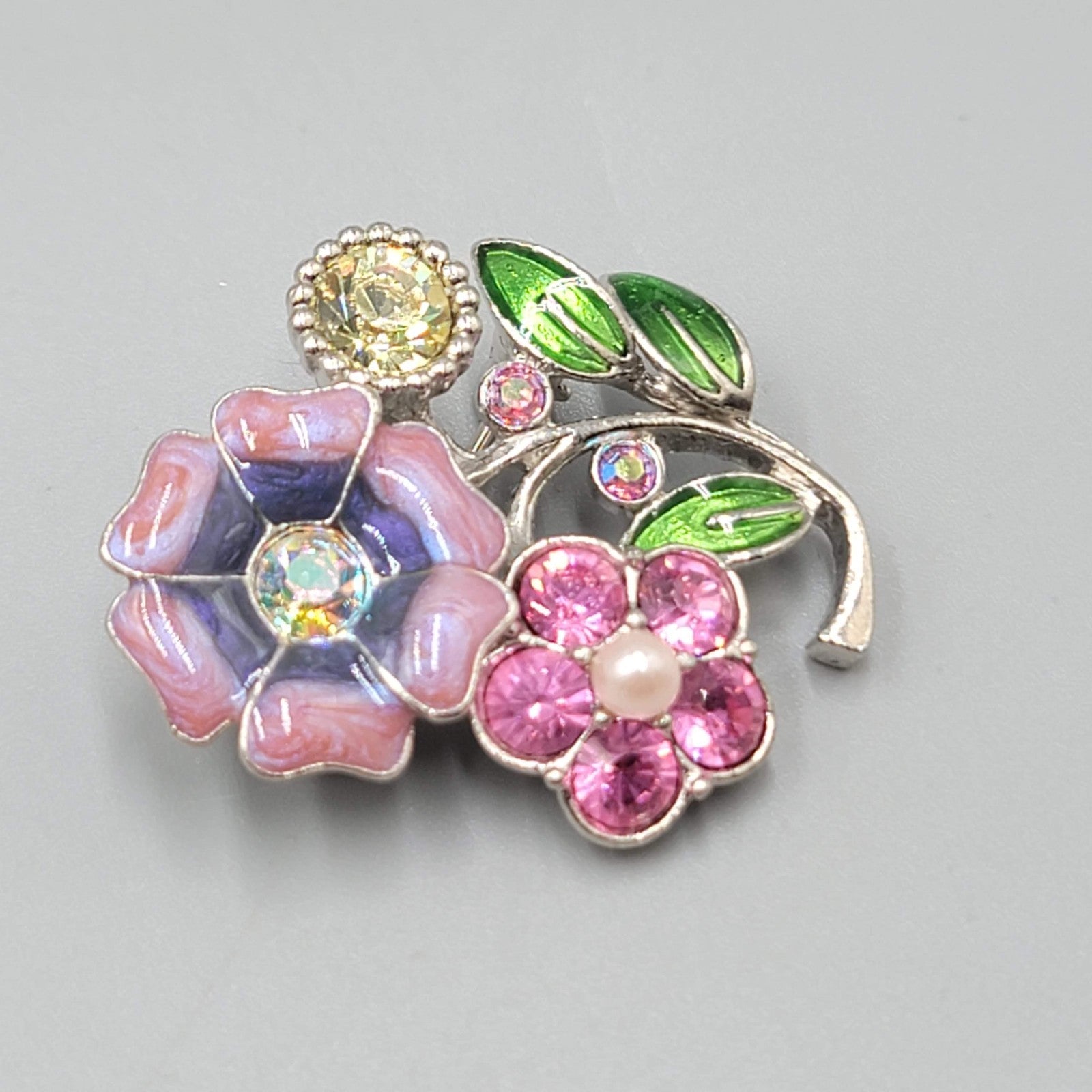 Vintage Enamel Flower Brooch Multicolor Rhinestone Silver tone Pin 1.5 in