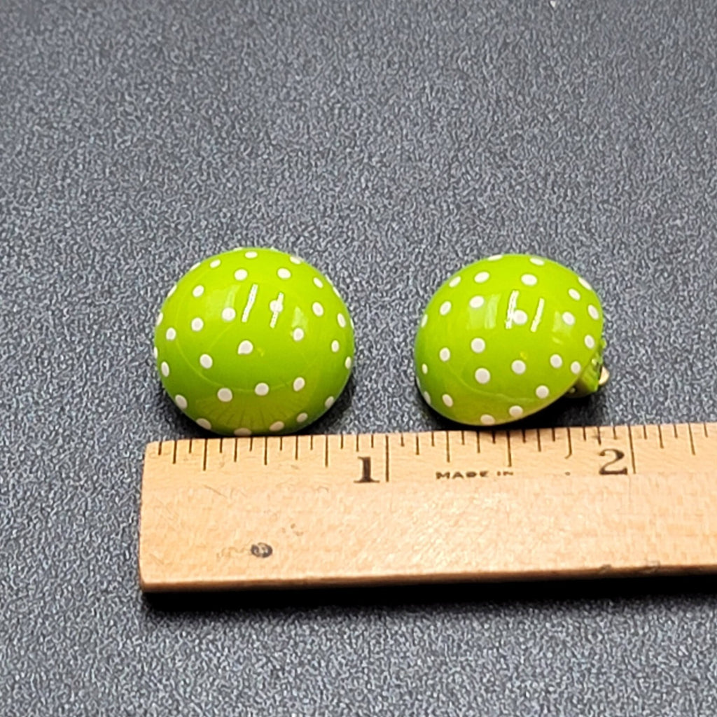 Vintage Clip on Earrings Hand Painted Green Enamel Polka Dot Dome Studs 3/4"