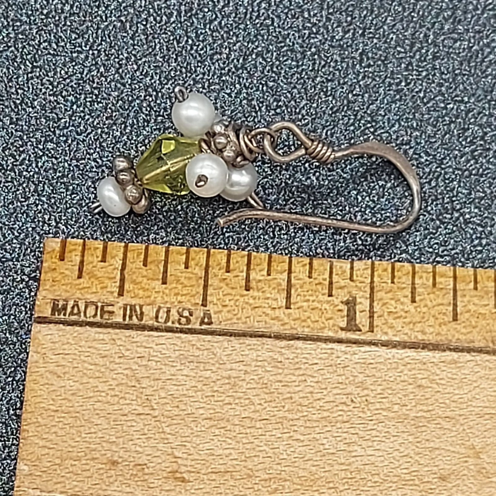 Pierced Earrings Silver tone White and Yellow Glass Beaded Dangle 1/2"