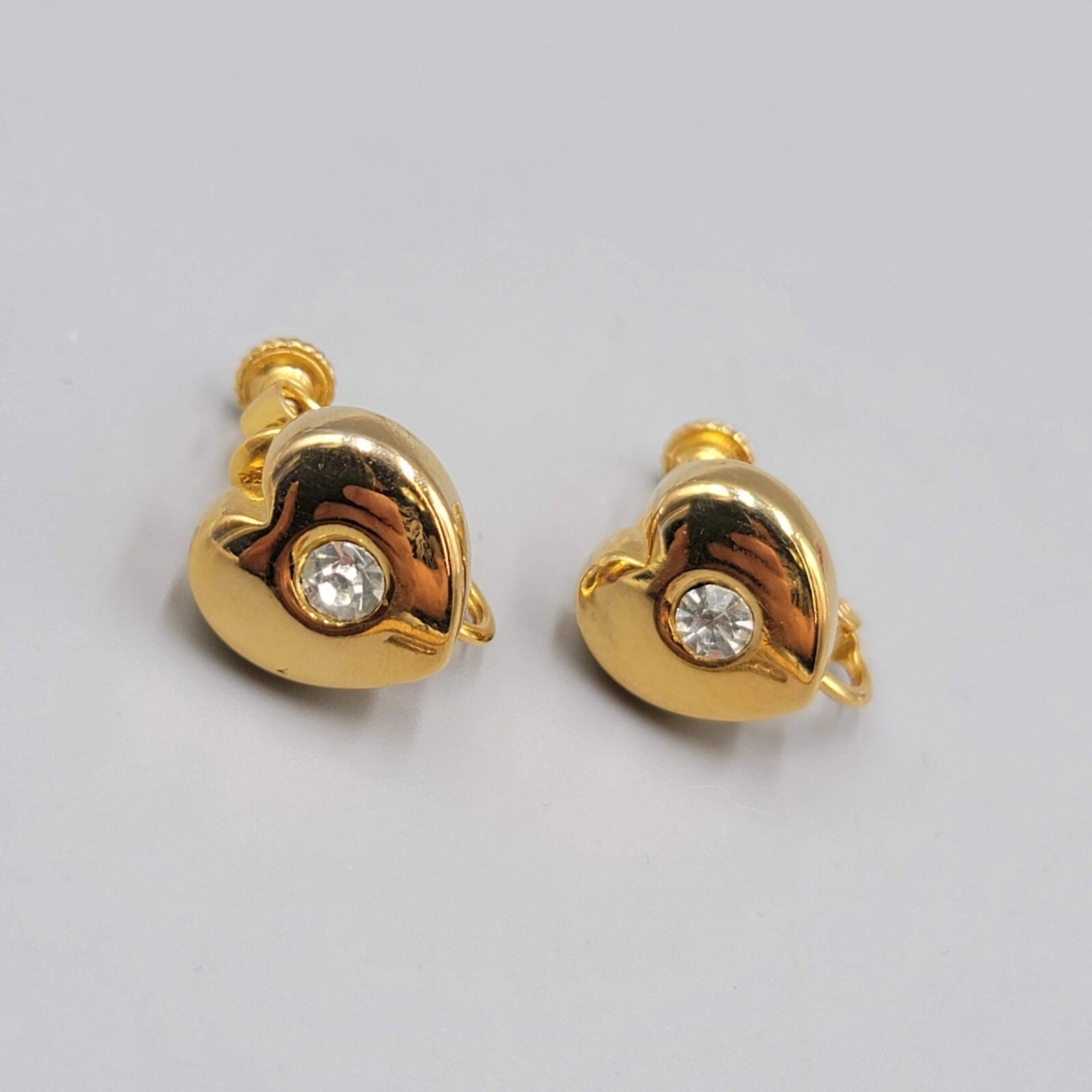 Vintage Goldette Heart Stud Clip on Earrings Gold Plated Rhinestone Center 1/2"