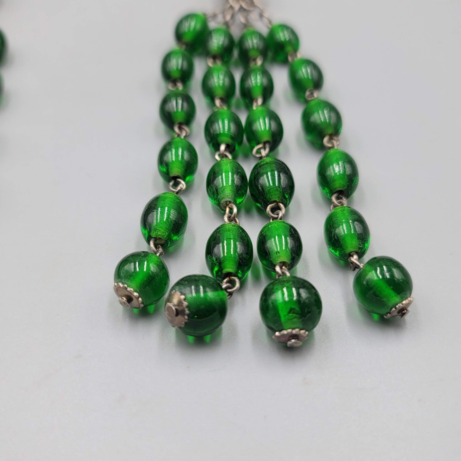 Green Glass Bead Curtain Tie Backs Set of 2 Silver tone Chain