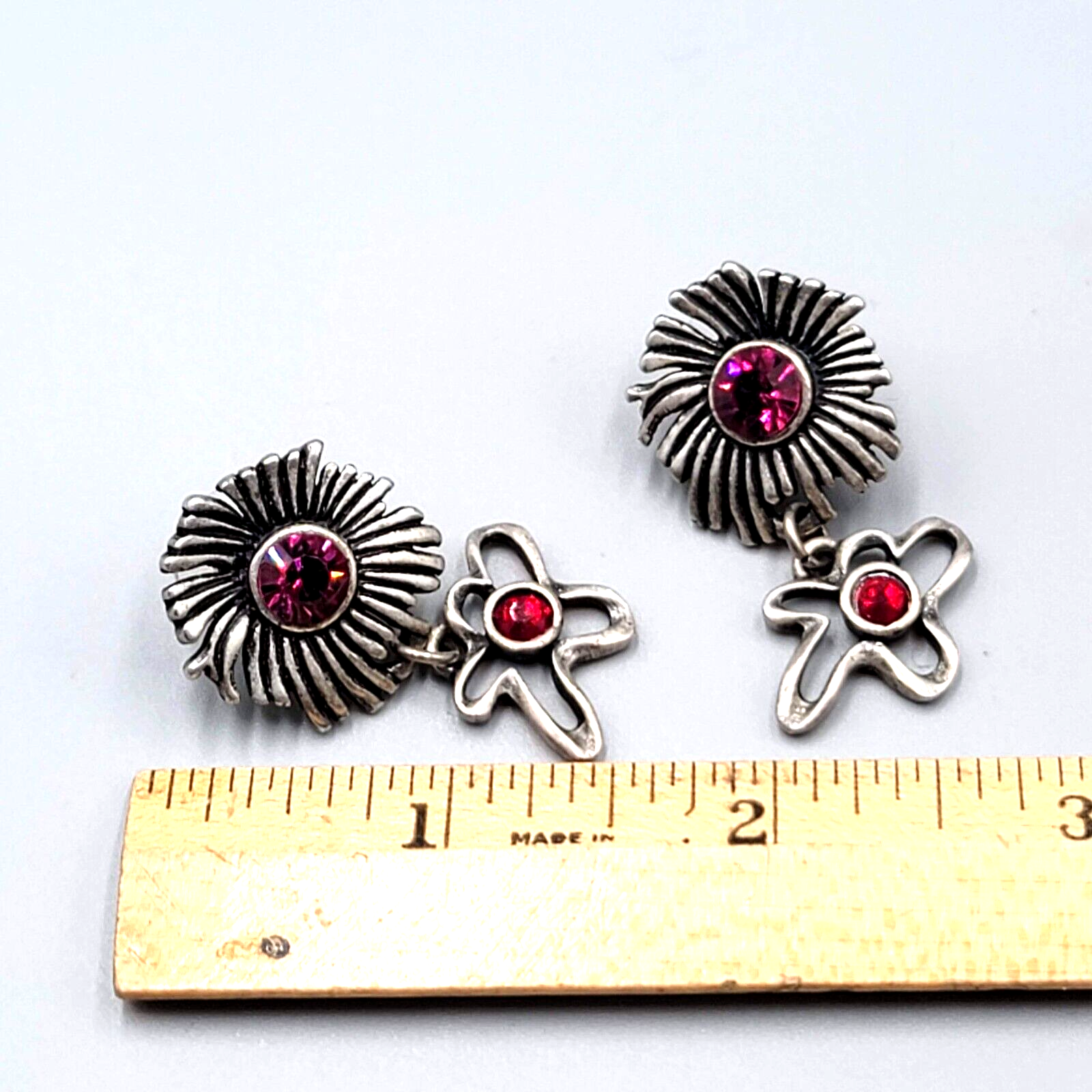 Chicos Flower Pierced Earrings Purple Red Rhinestone Silver tone Dangle 1.5"