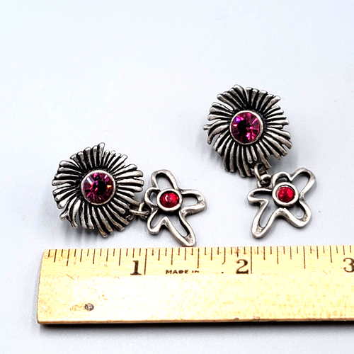 Chicos Flower Pierced Earrings Purple Red Rhinestone Silver tone Dangle 1.5"