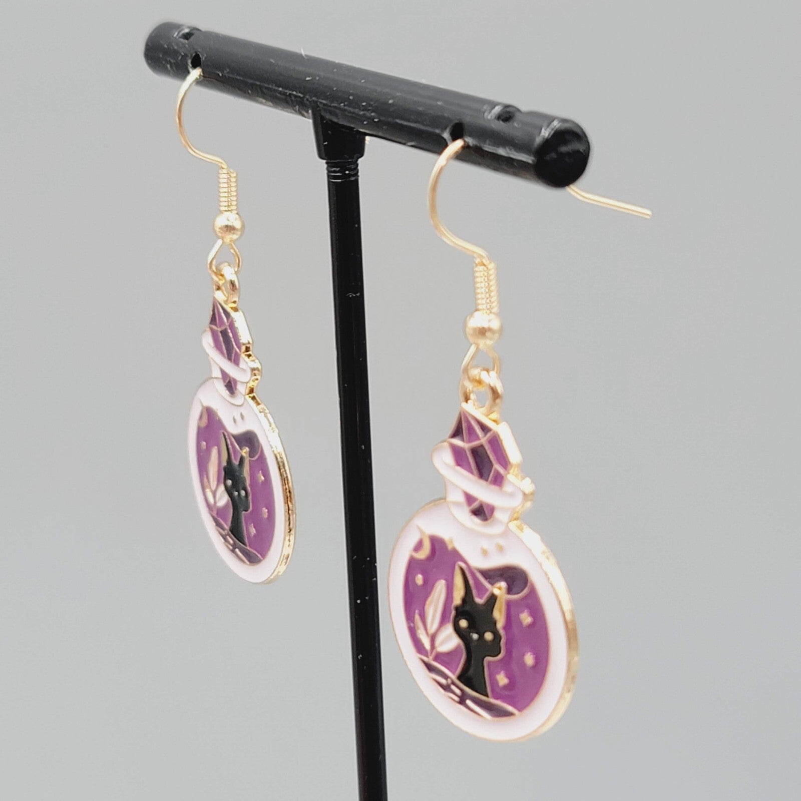 Potion Black Cat Pierced Earrings Enamel Gold tone Dangle New 1 1/8"