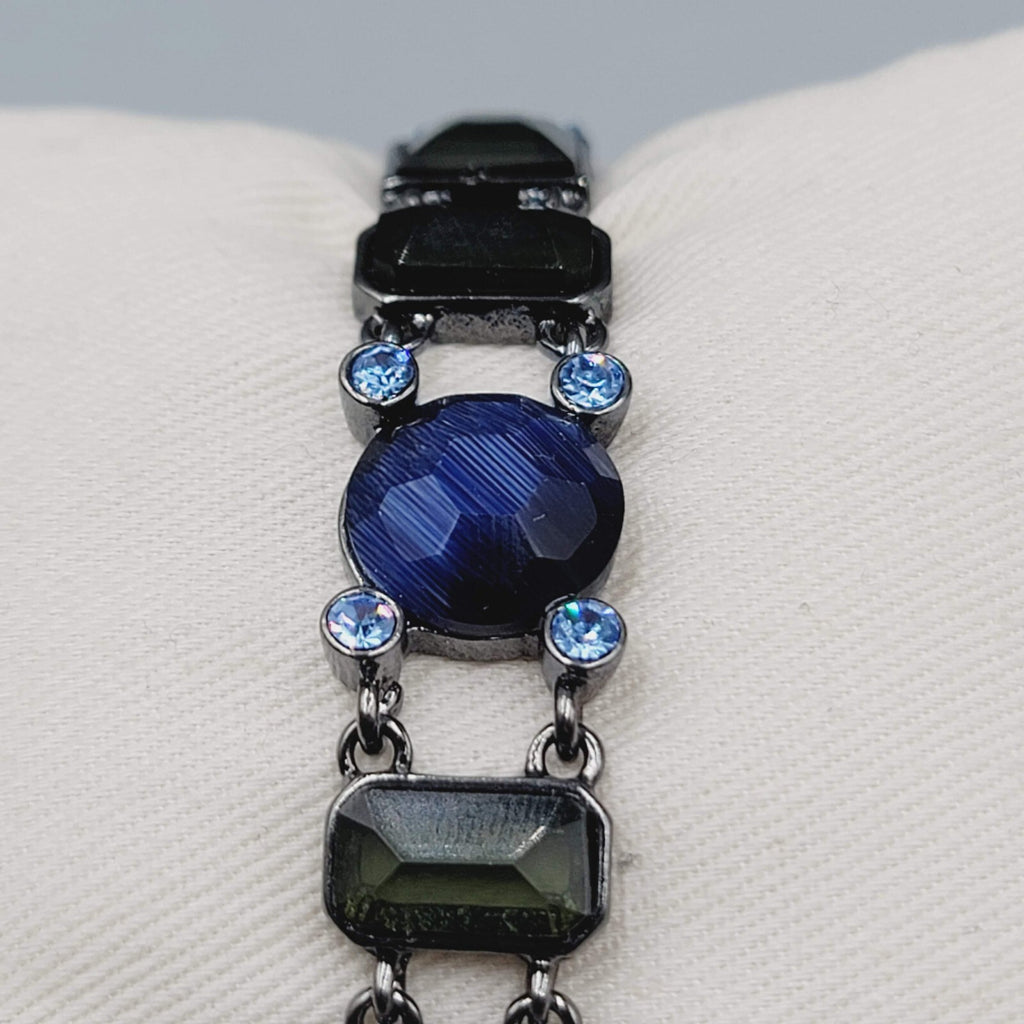 Black Metal Bracelet Dark Green Blue Rhinestones 7.25"